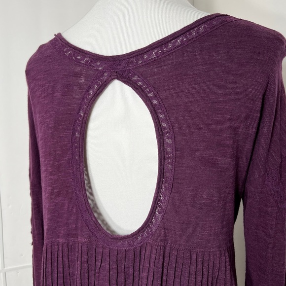 Free People Lace Embroidered Pintuck Pleated High Low Purple Knit Tunic Tee S - Picture 6 of 14